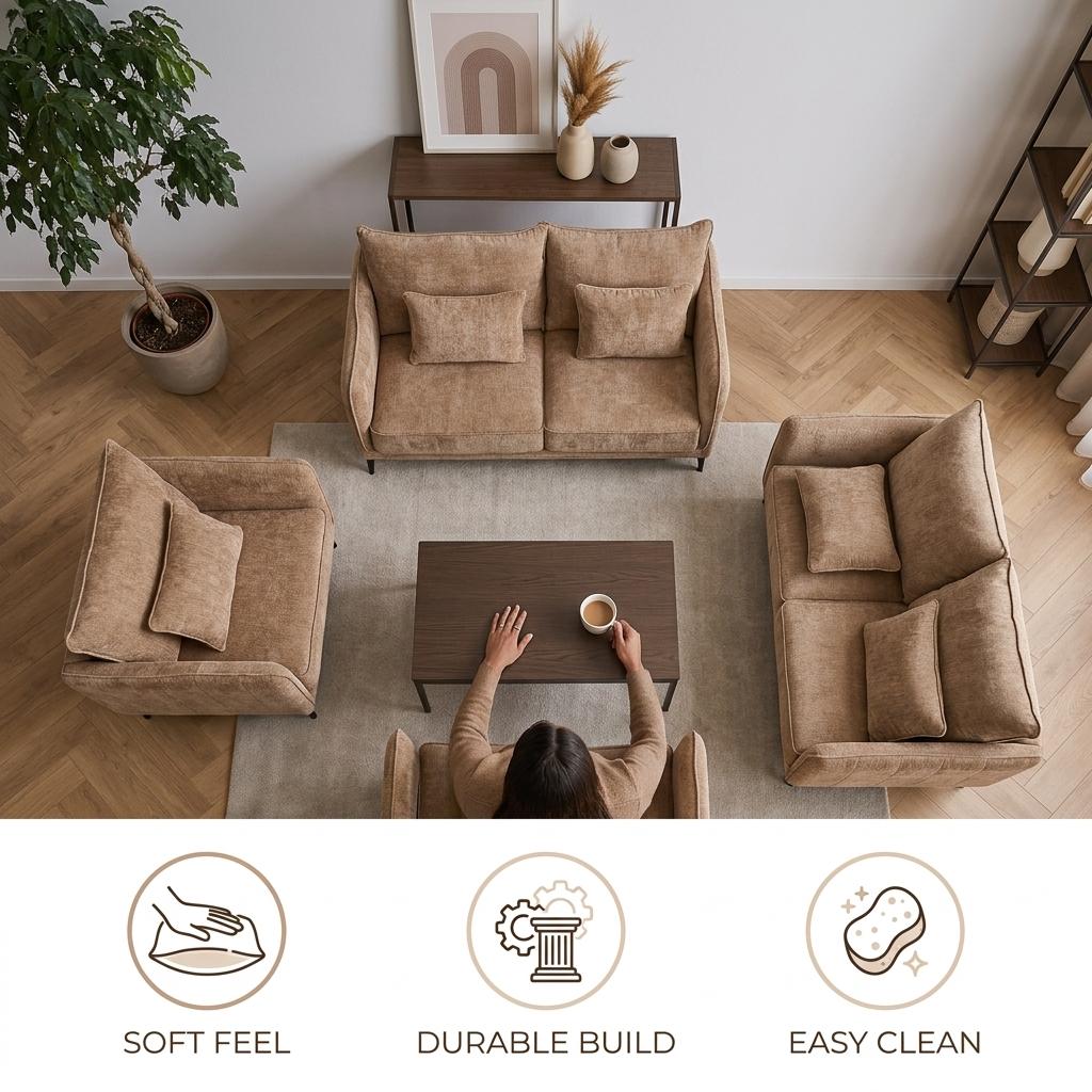 Modern Beige Fabric Sofa Set, Black Metal Legs – MAKULA SET BEIGE