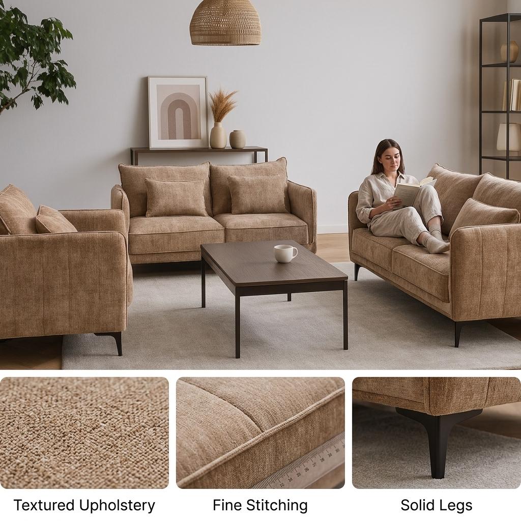 Modern Beige Fabric Sofa Set, Black Metal Legs – MAKULA SET BEIGE