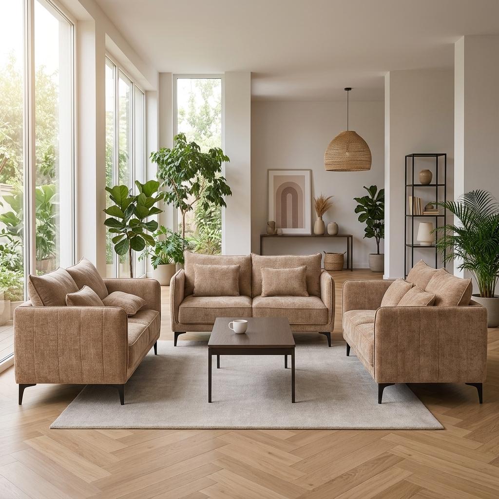 Modern Beige Fabric Sofa Set, Black Metal Legs – MAKULA SET BEIGE