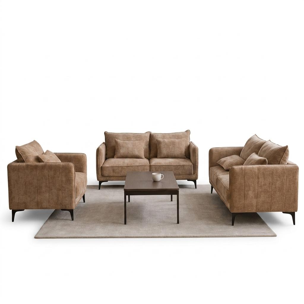 Modern Beige Fabric Sofa Set, Black Metal Legs – MAKULA SET BEIGE