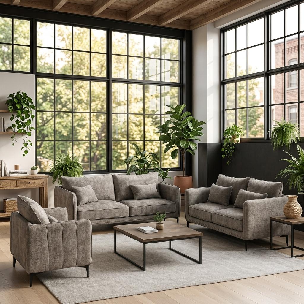 Modern Dark Grey Fabric Sofa Set – MAKULA SET DARK GREY
