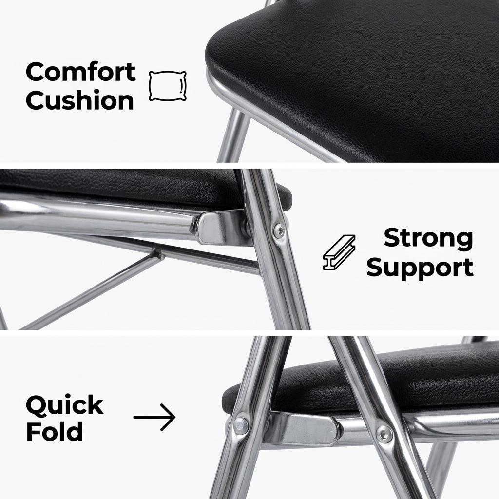 Modern Folding Grey Chair, Metal Frame & PVC Seat - MANGO BLACK 2