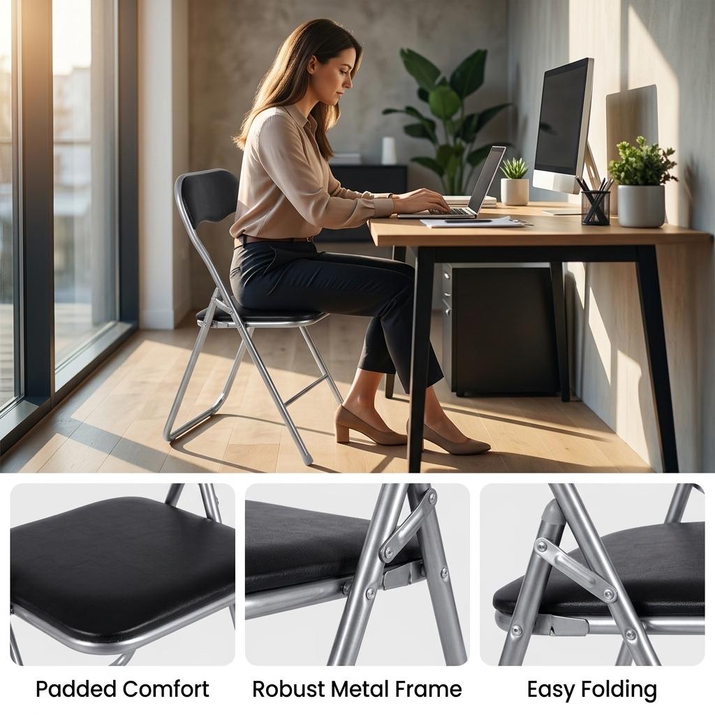 Modern Folding Grey Chair, Metal Frame & PVC Seat - MANGO BLACK 2