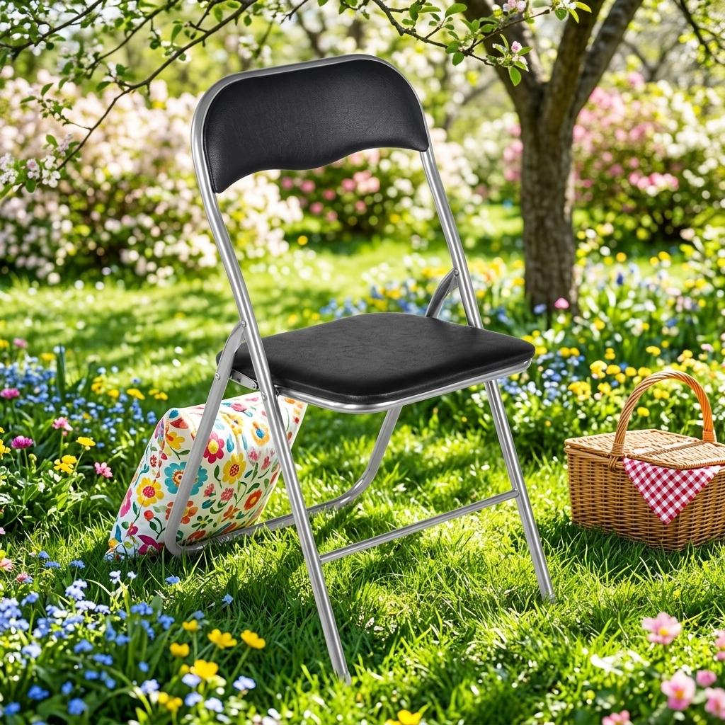 Modern Folding Grey Chair, Metal Frame & PVC Seat - MANGO BLACK 2
