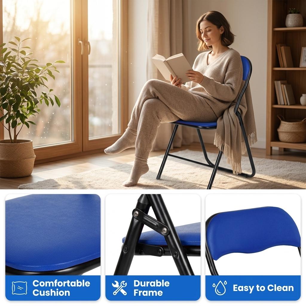 Modern Folding Steel Chair, Cushioned Seat – MANGO BLUE FM