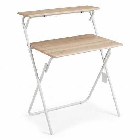 Modern Foldable Desk, MDF Oak Top & White Steel Frame - MEGAN TABLE 3D