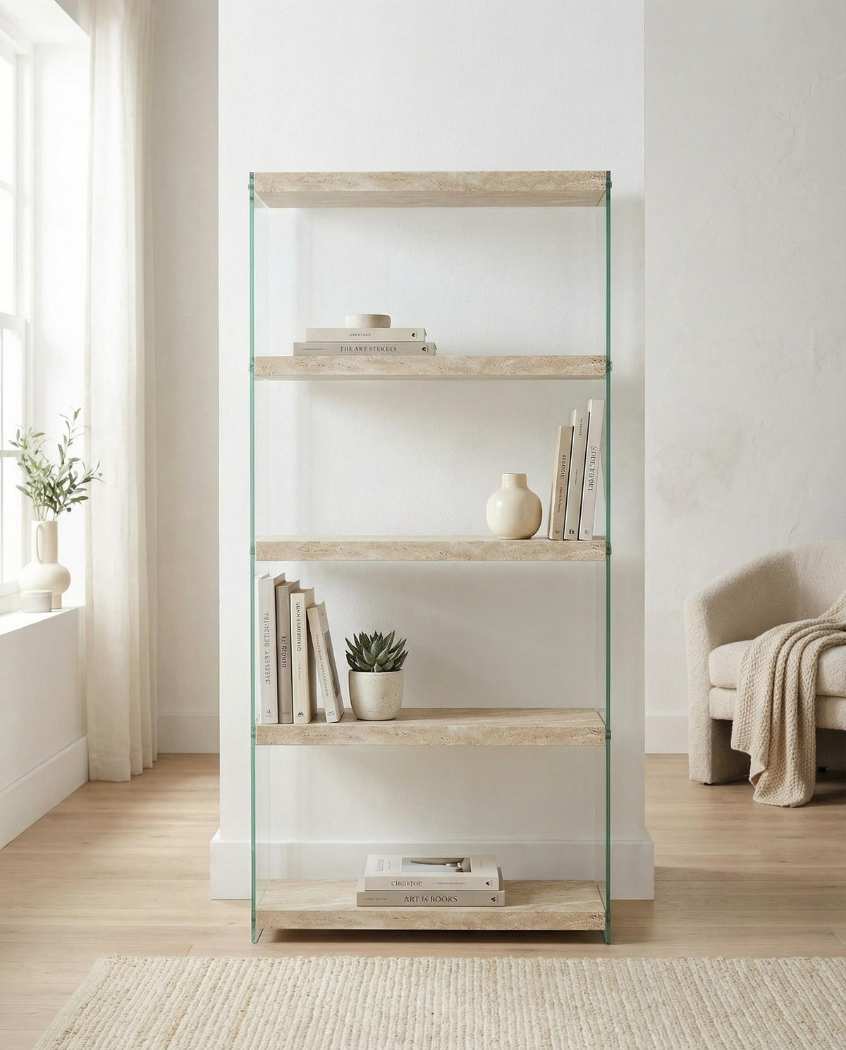 Modern Beige Shelf, Hollow Panel Design - MELROSE TRAVERTINE