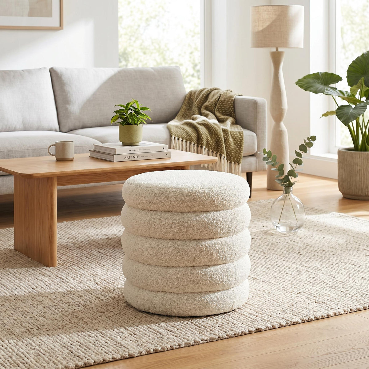 Modern White Ottoman, Lambswool Upholstery - MOLLY WHITE