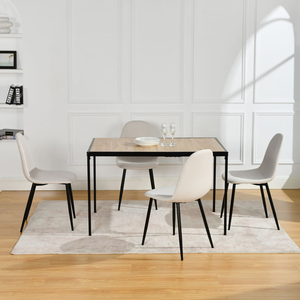 Modern Beige Fabric Dining Chair – Black Metal Leg