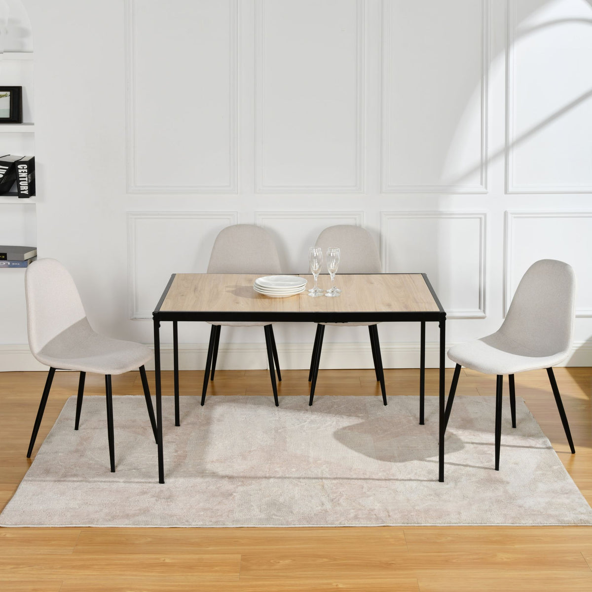 Modern Beige Fabric Dining Chair – Black Metal Leg