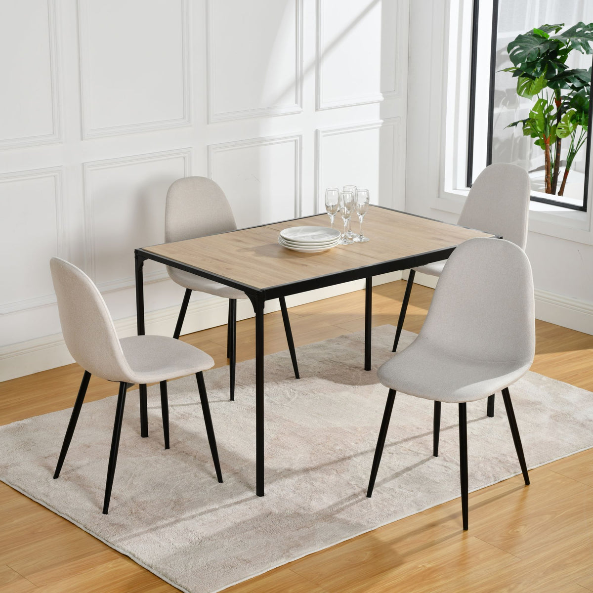 Modern Beige Fabric Dining Chair – Black Metal Leg