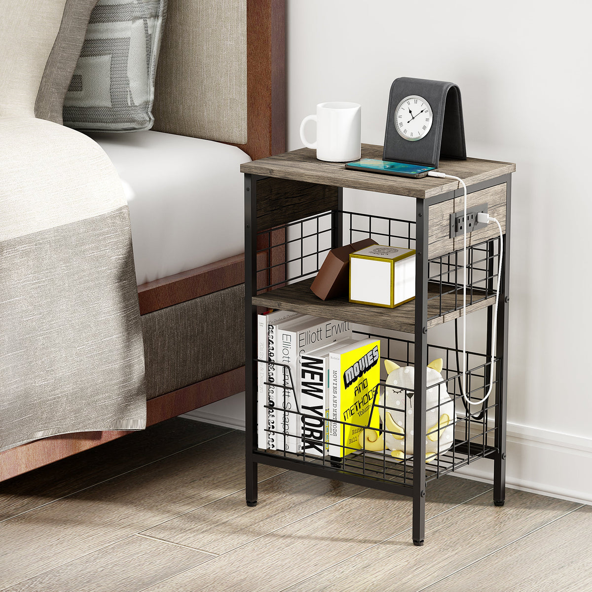 Onille Brown Wooden Usb End Table