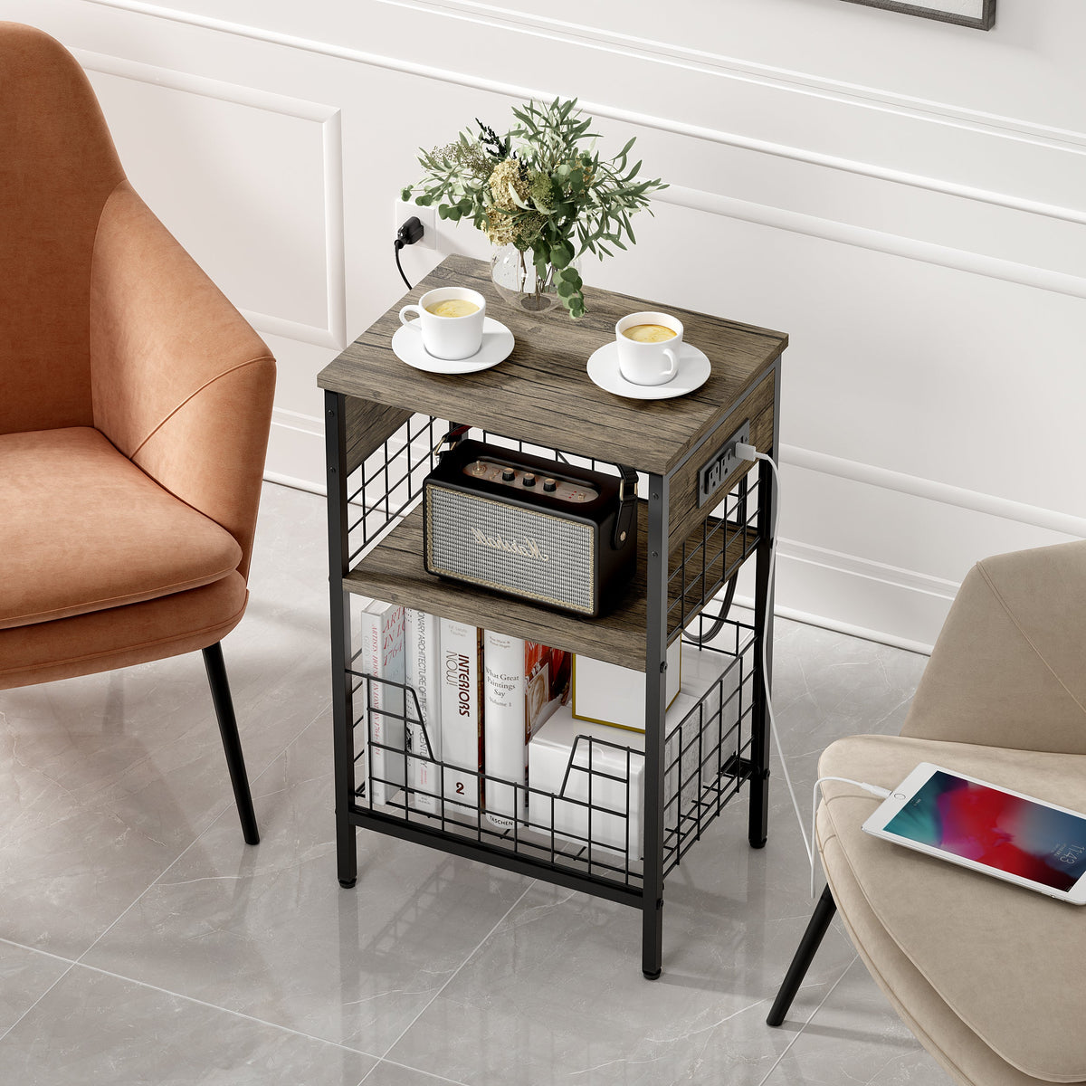 Onille Brown Wooden Usb End Table