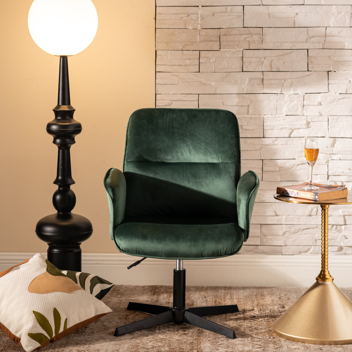 Modern Velvet Office Chair, Adjustable Swivel - THOMASINA RELAX GREEN