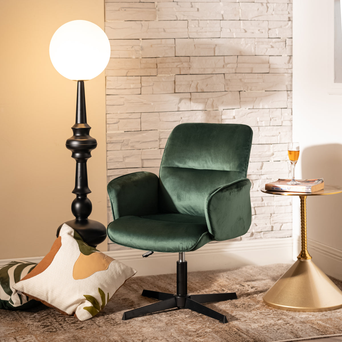 Modern Velvet Office Chair, Adjustable Swivel - THOMASINA RELAX GREEN