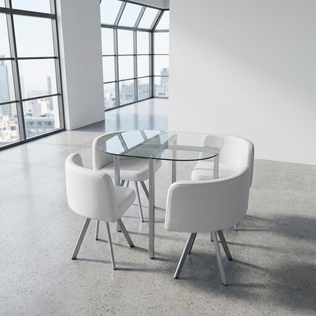 Modern Iron-Grey Dining Set, PU Upholstery - PIZZA SMALL WHITE