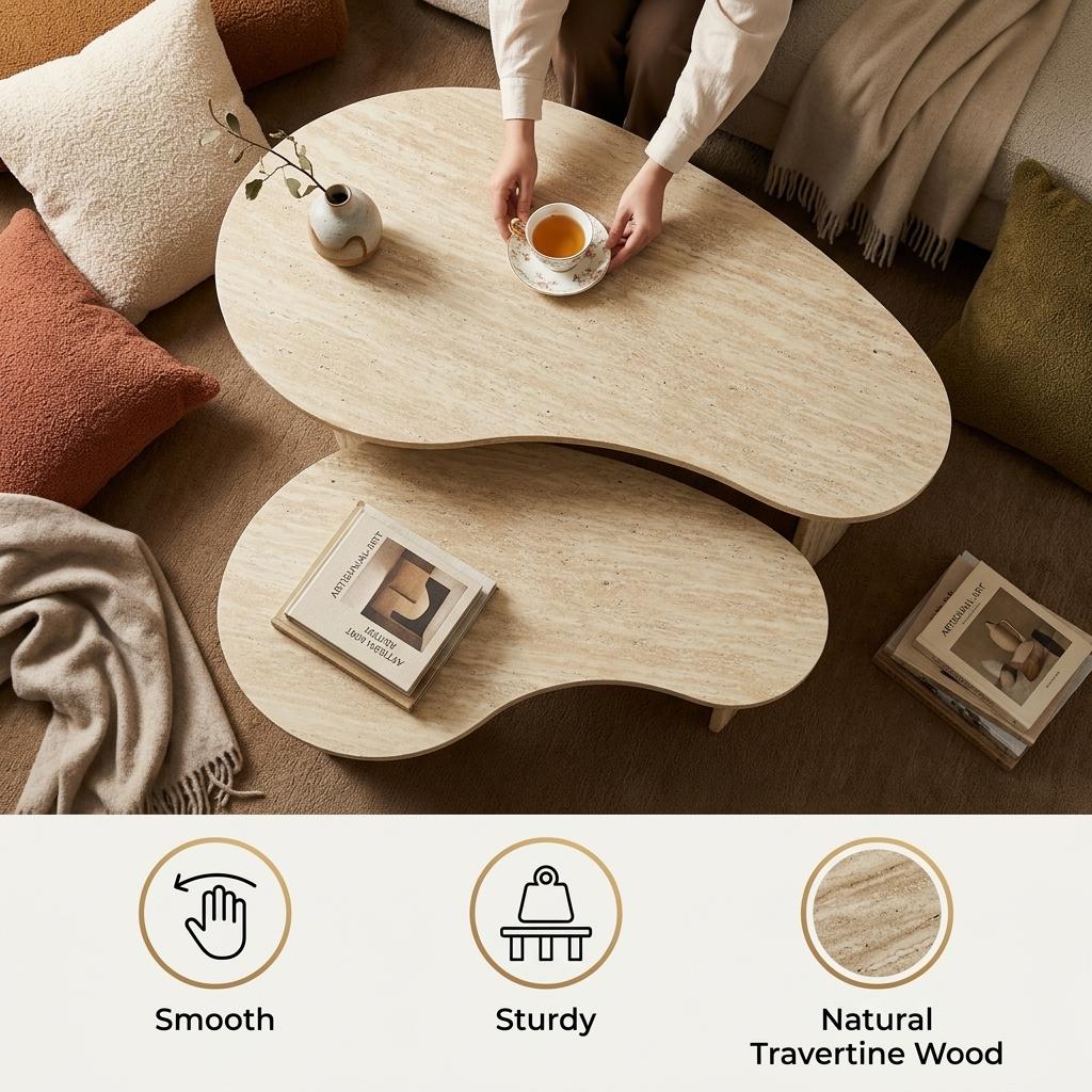 Modern Beige Coffee Table Set, MDF Travertine Finish - QELRIX