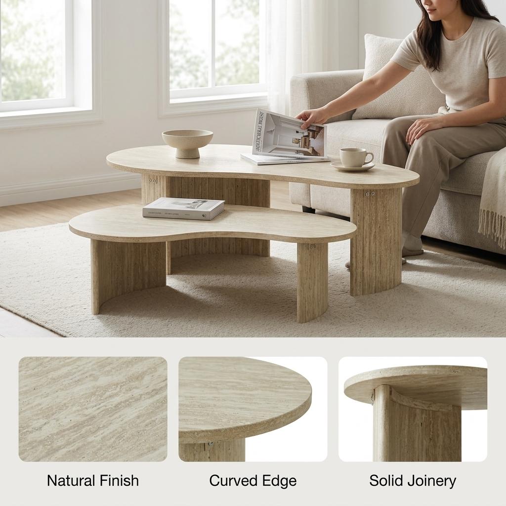 Modern Beige Coffee Table Set, MDF Travertine Finish - QELRIX