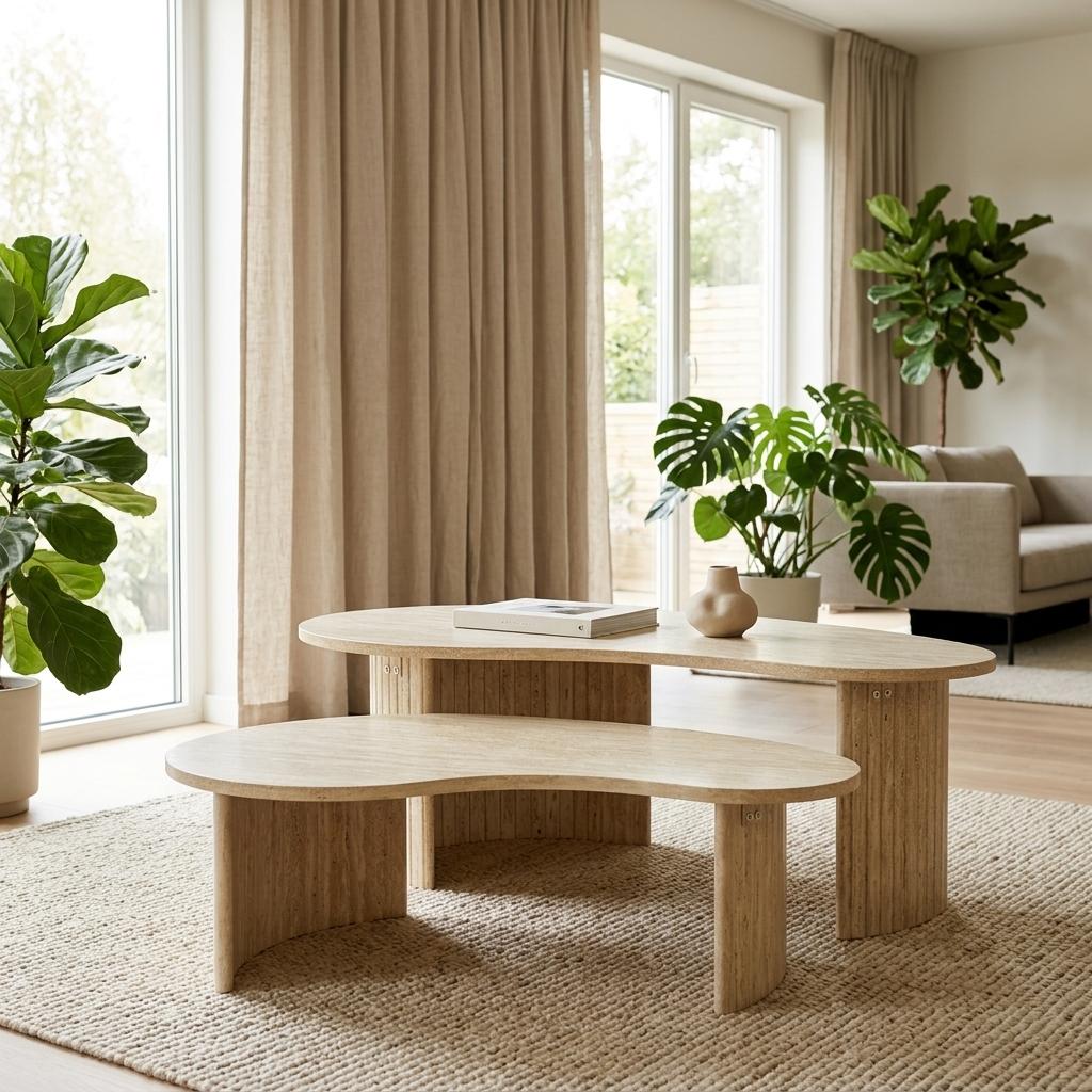Modern Beige Coffee Table Set, MDF Travertine Finish - QELRIX
