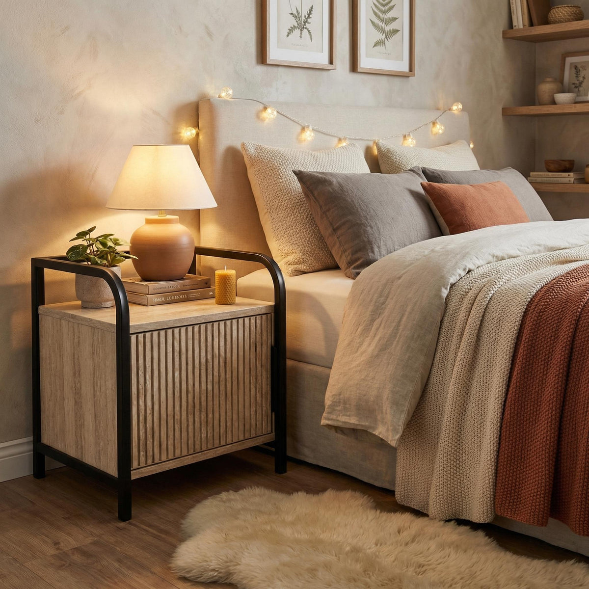 Bethesdas Modern Beige Nightstand, MDF & Metal - QHAGURS