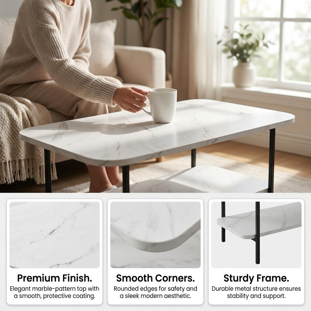 Modern Workspace Table, MDF Marble Melamine, Metal Legs - RALE MARBLE