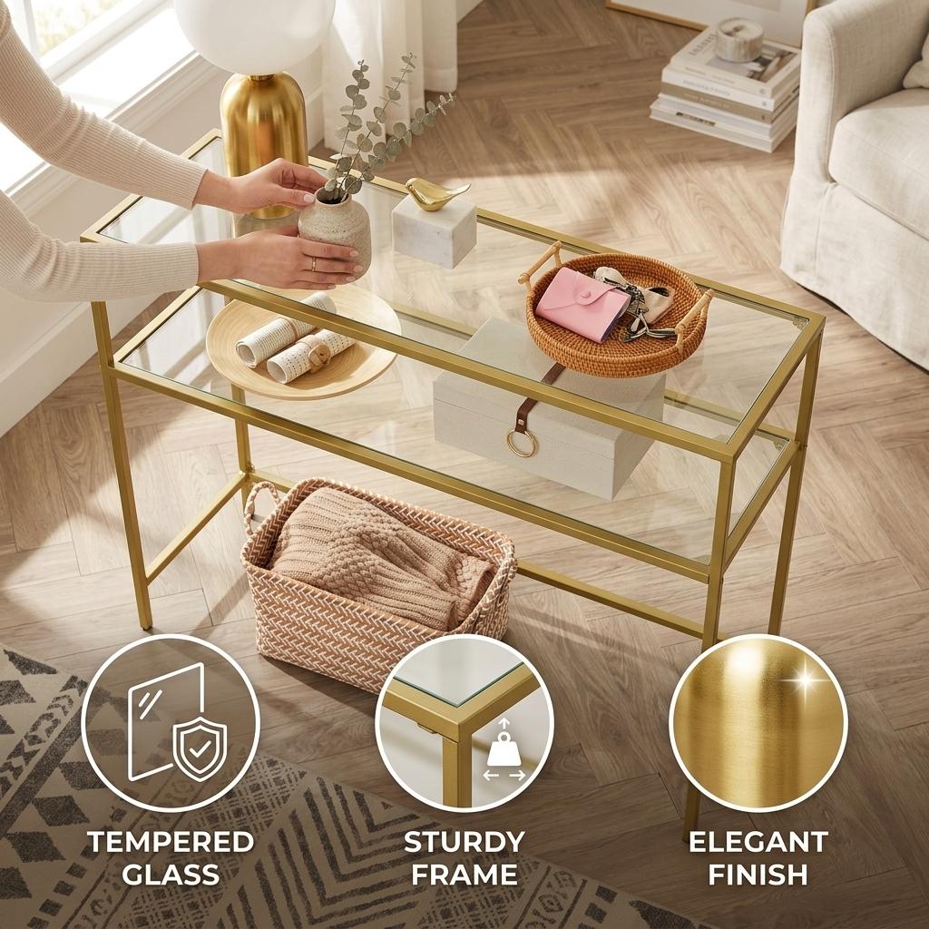 Modern Gold Metal, Tempered Glass Accent – REGENT Console Table