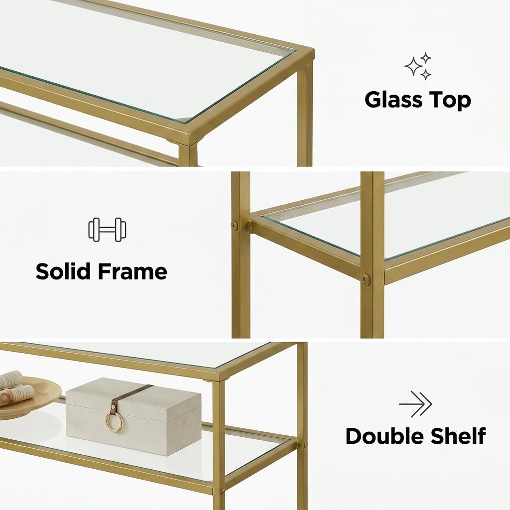 Modern Gold Metal, Tempered Glass Accent – REGENT Console Table