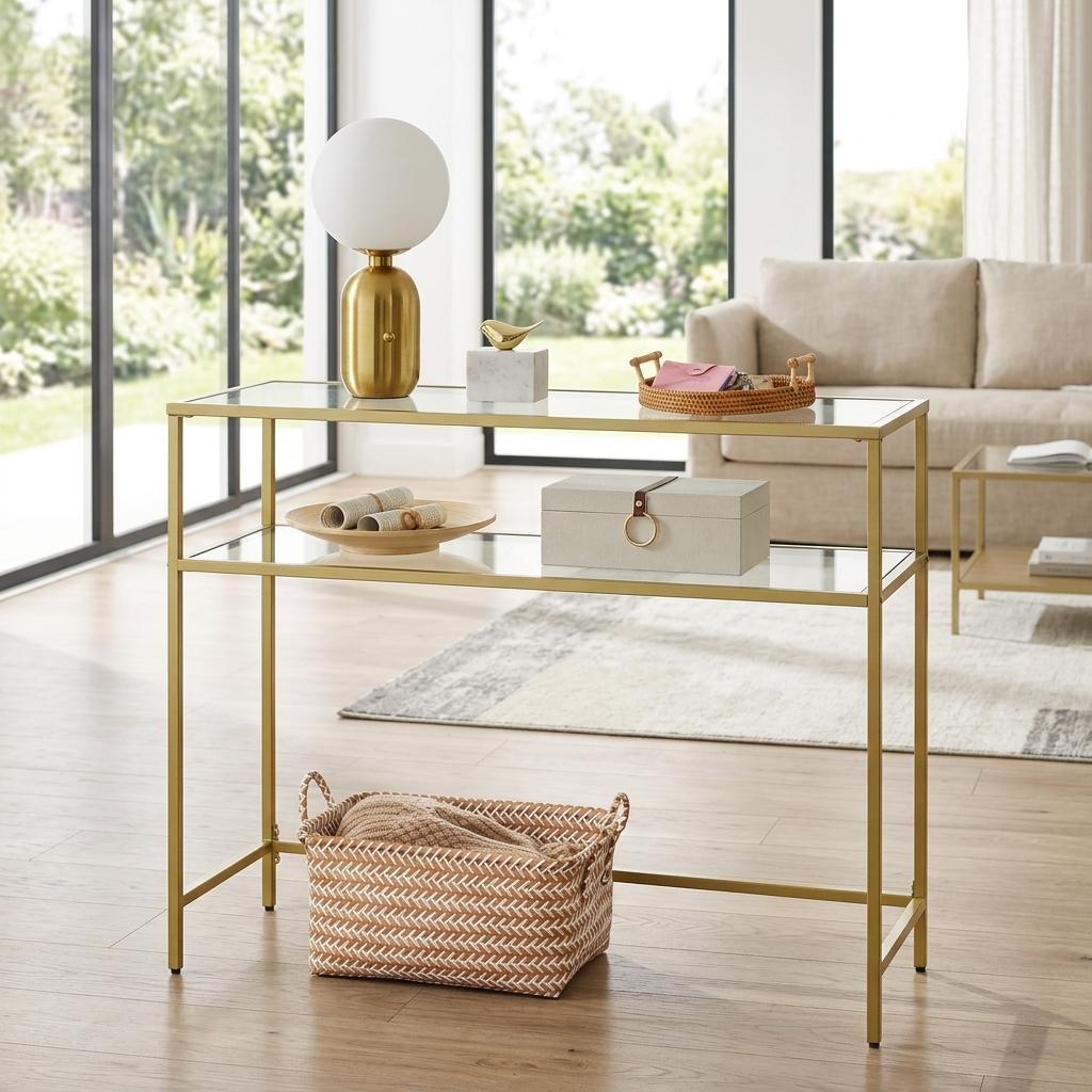Modern Gold Metal, Tempered Glass Accent – REGENT Console Table