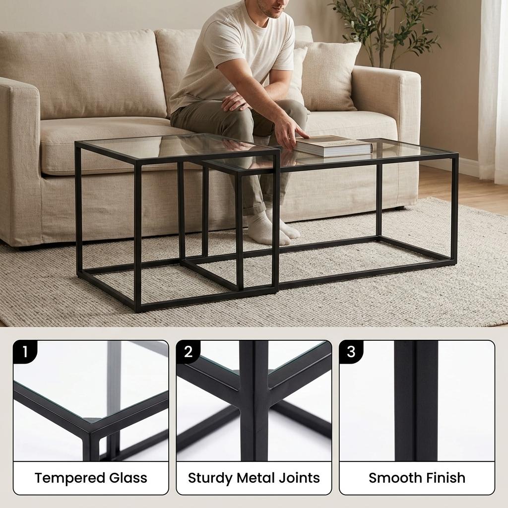 Modern Black Steel, Tempered Glass Accent - REGENT NEST COFFEE