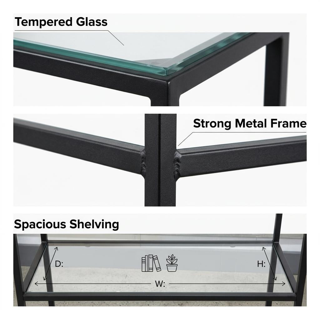 Modern Black Metal Shelf, Tempered Glass - REGENT SHELF UNT BLK
