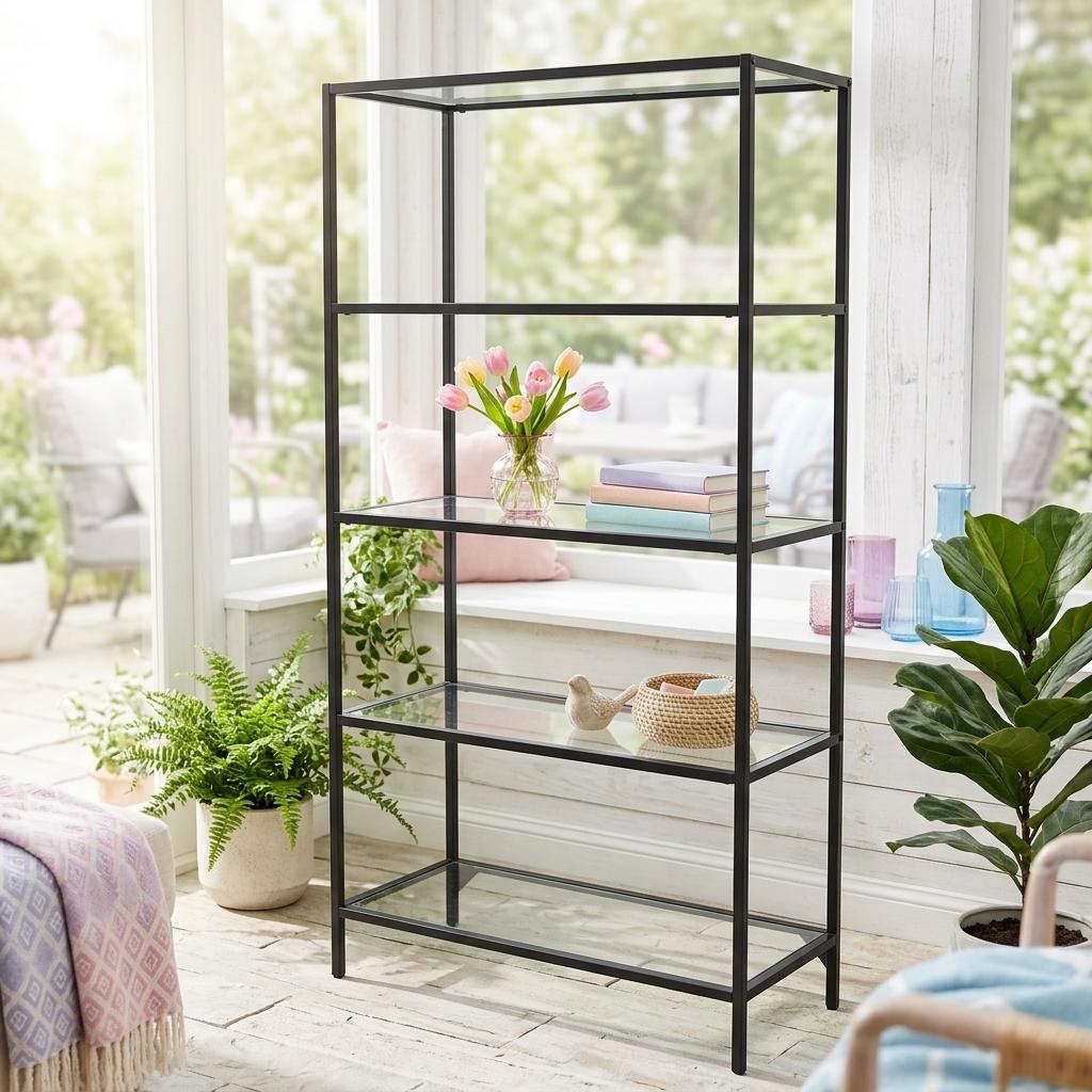Modern Black Metal Shelf, Tempered Glass - REGENT SHELF UNT BLK