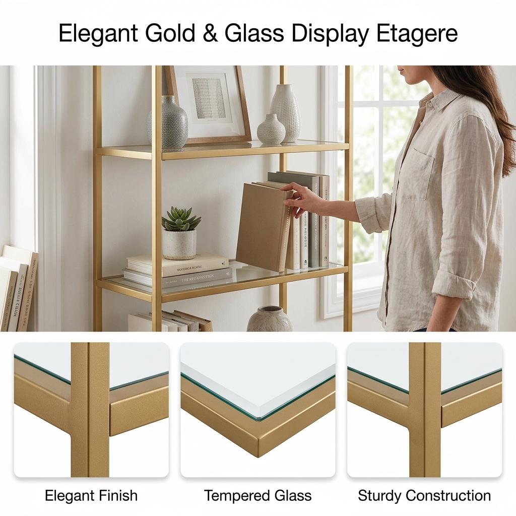 Modern Gold Metal Shelf, Tempered Glass - REGENT SHELF UNT