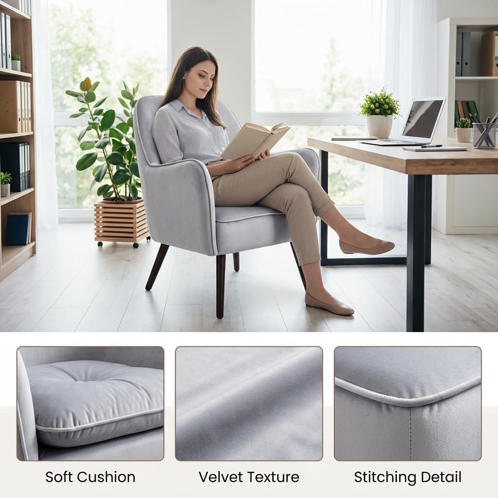 Modern Accent Velvet Chair, Mid Grey Upholstery - RELPHE MID GREY