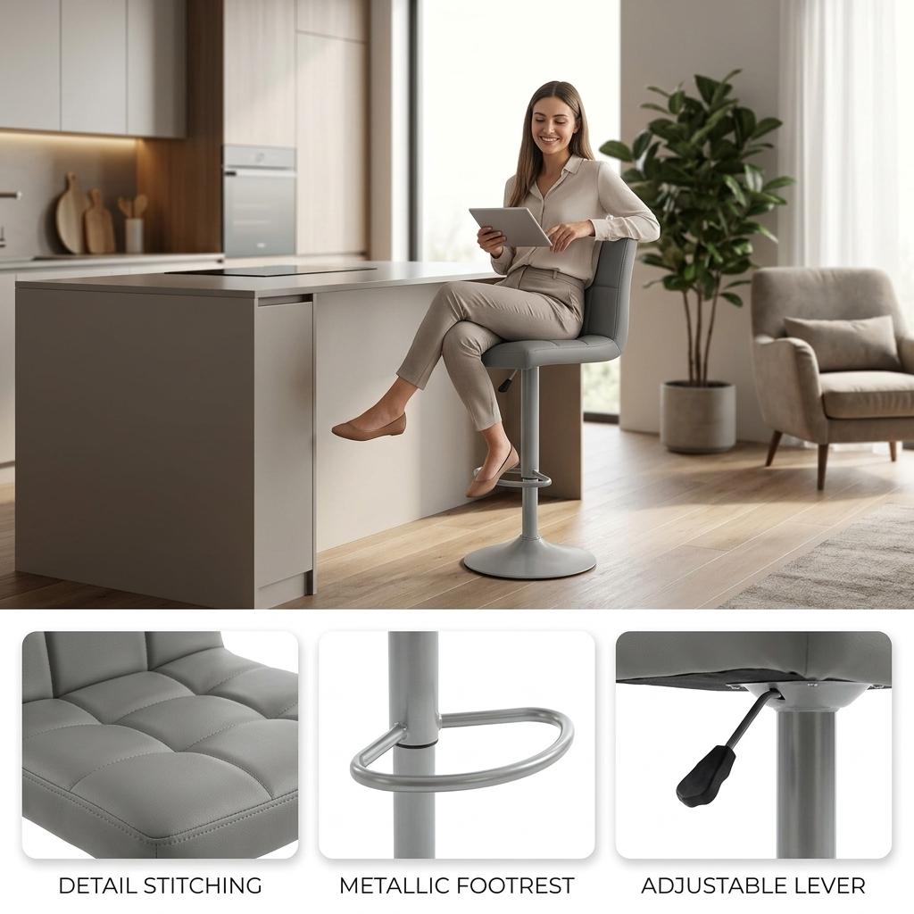Modern Bar Stool, Grey PU Upholstery - RONIA