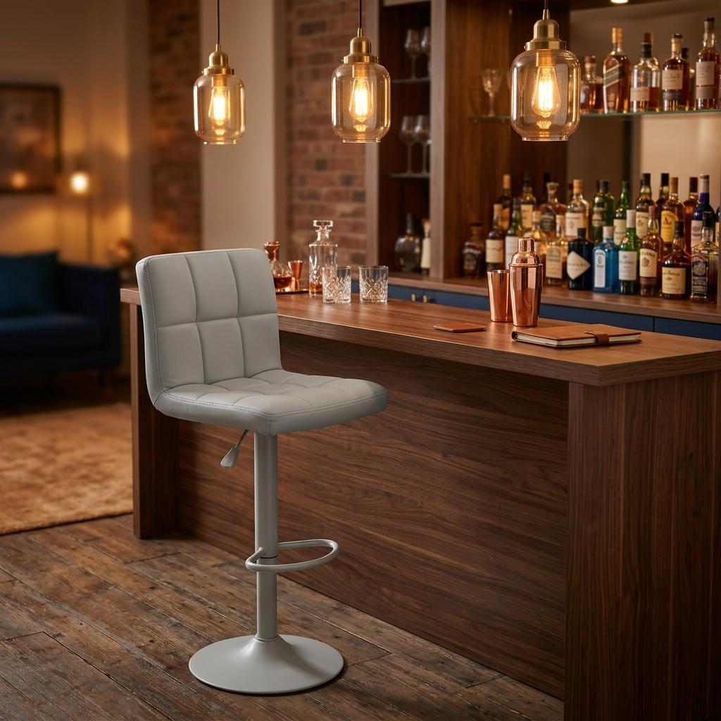 Modern Bar Stool, Grey PU Upholstery - RONIA