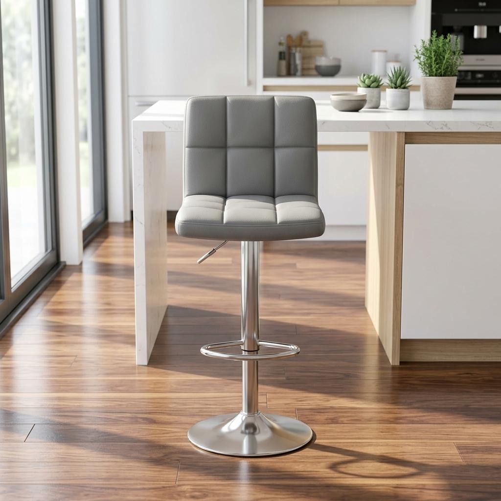 Modern Bar Stool, Grey PU Upholstery - RONIA