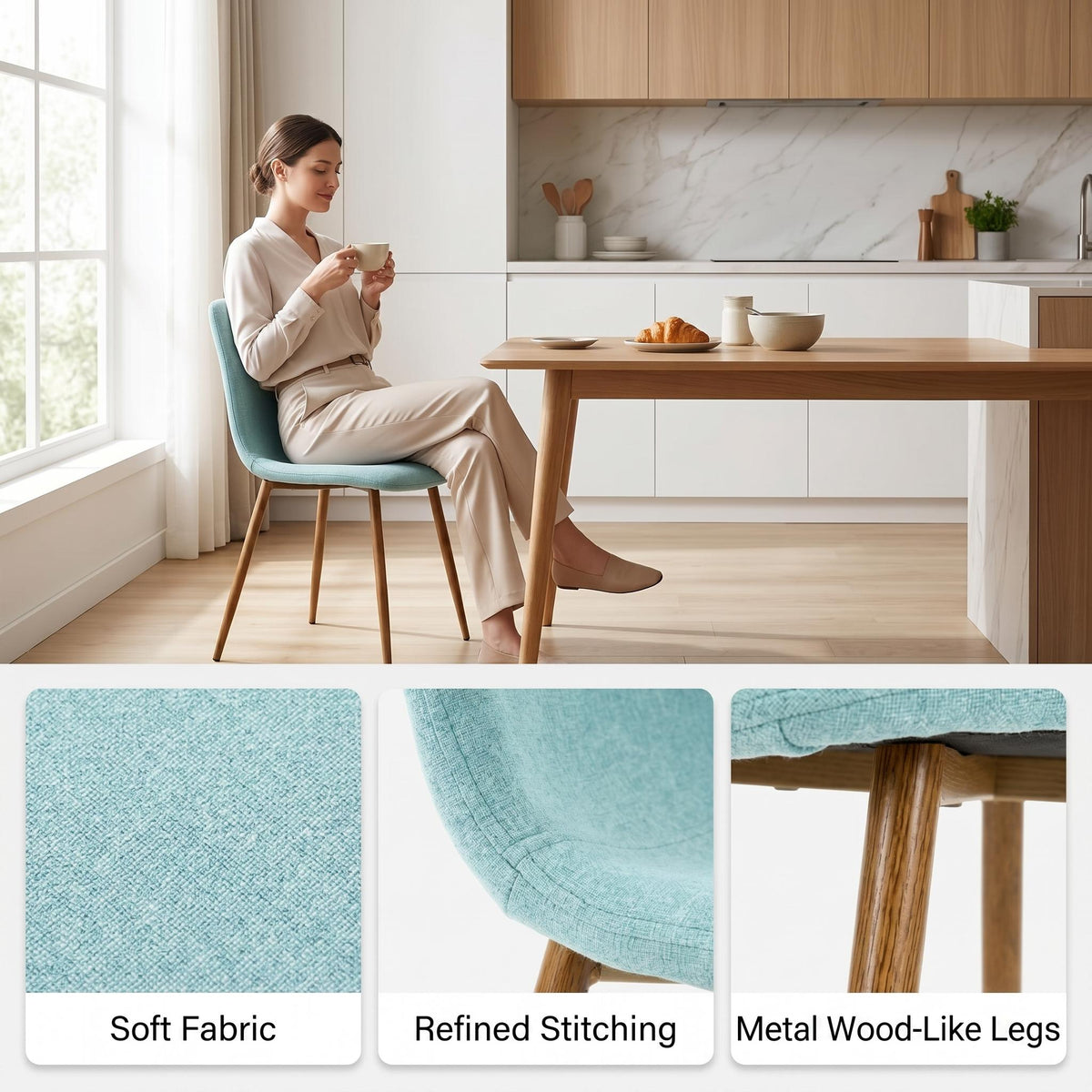 Modern Blue Fabric Dining Chair, Wooden Tube - SCARGILL SY BLUE