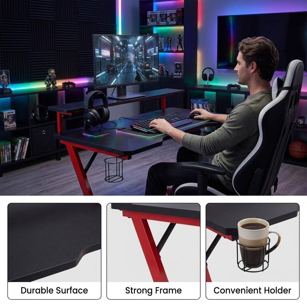 Modern Gaming Desk, Black Iron Frame - SCHULZ