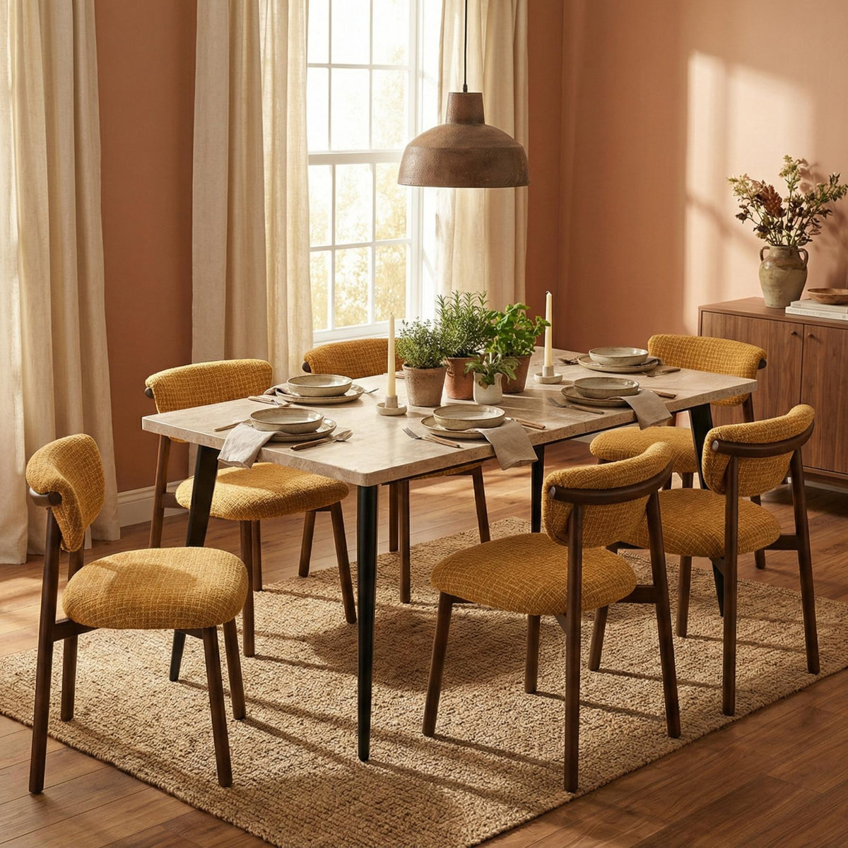 Modern Minimalist Yellow Travertine Effect Finish Dining Table - SERAPH TRAVERTINE