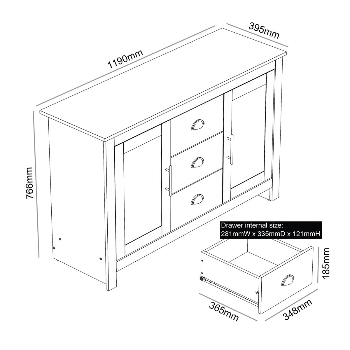 Modern Grey Storage, Particleboard Sideboard - SHERBOURNE 3 Drawer
