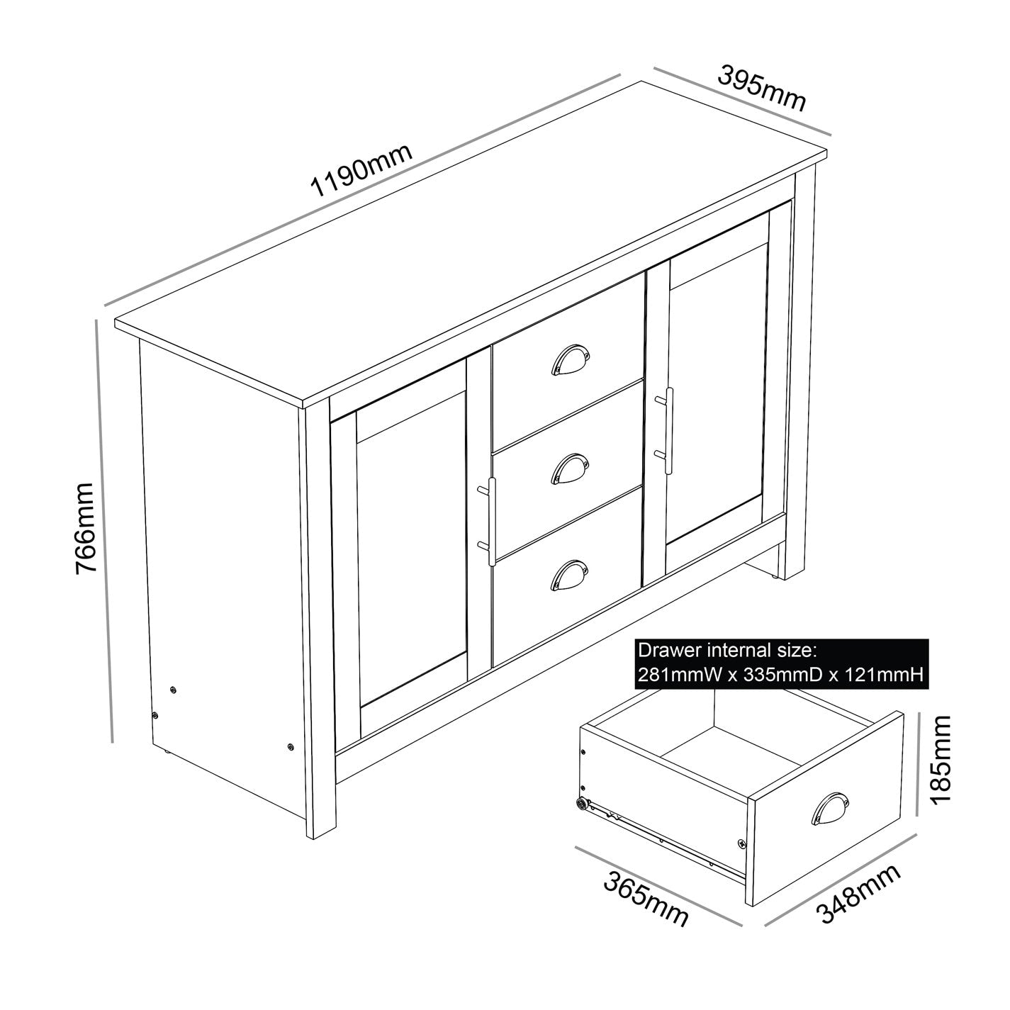 SHERBOURNE 3 DRAWER SIDEBOARD GREY – Grey Side Board