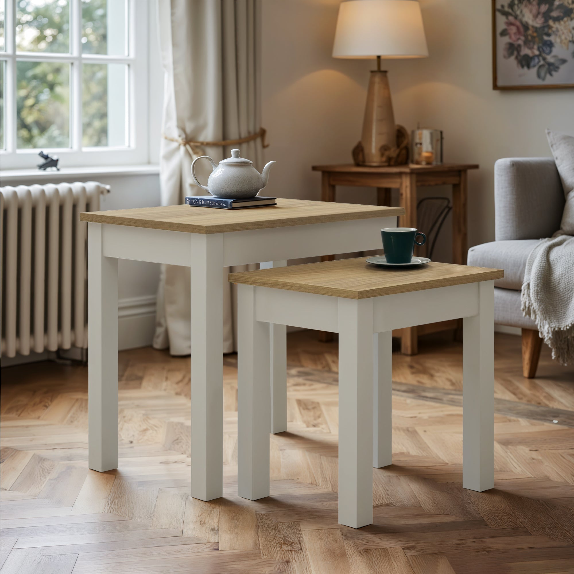 sherbourne nest of tables grey - grey coffee table set - upholstered compact seating or footrest