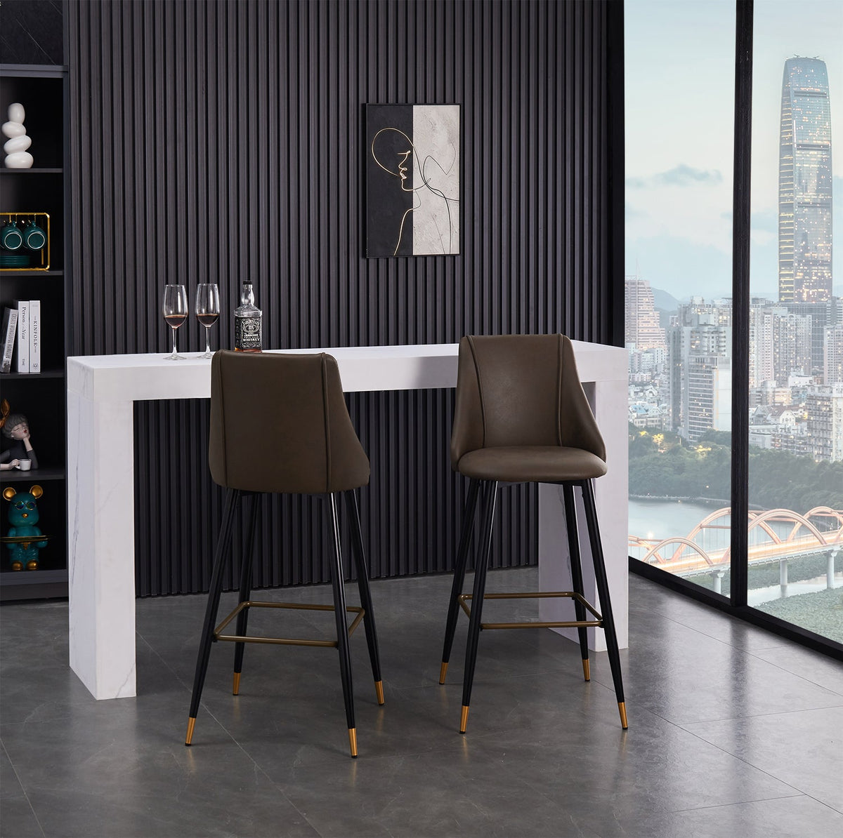 Smeg Bar 30 Brown Leathaire Black Gold Leg Bar Stool