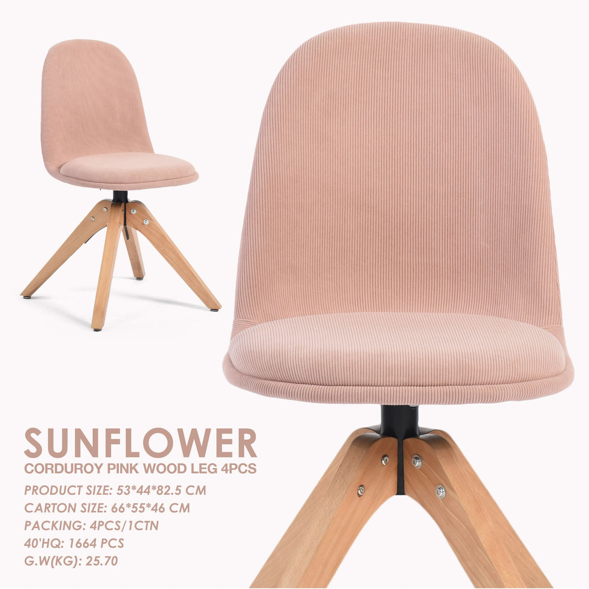 Modern Pink Corduroy Dining Chair, Wood Legs - SUNFLOWER CORDUROY PINK WOOD LEG 4PCS