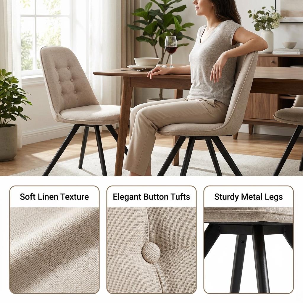 Modern Beige Dining Chair, Fabric Upholstery - SUNFLOWER FABRIC BEIGE ROUND LEG