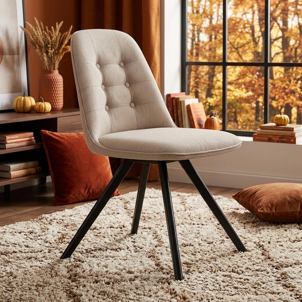 Modern Beige Dining Chair, Fabric Upholstery - SUNFLOWER FABRIC BEIGE ROUND LEG