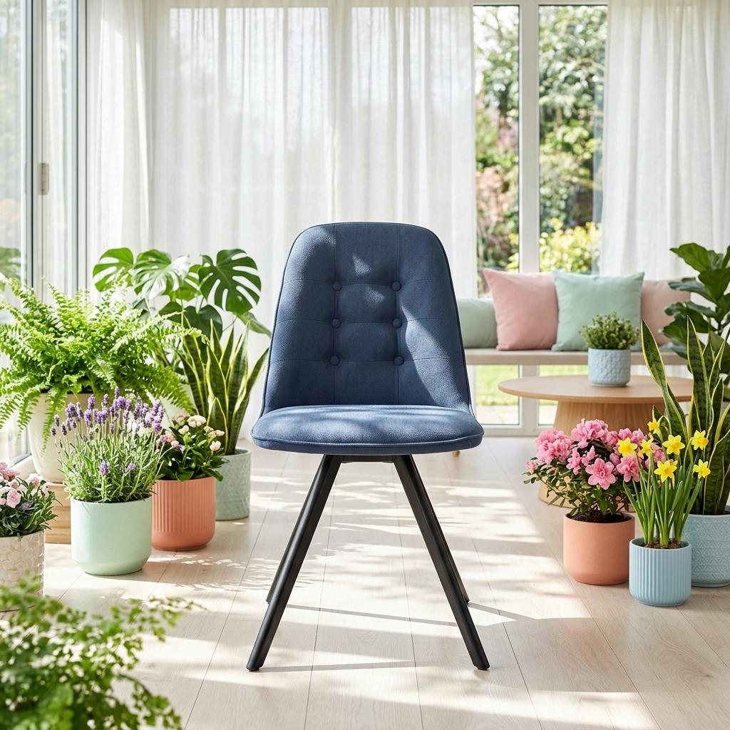 Modern Dark Blue Dining Chair, Fabric Upholstery - SUNFLOWER FABRIC DBLUE ROUND LEG
