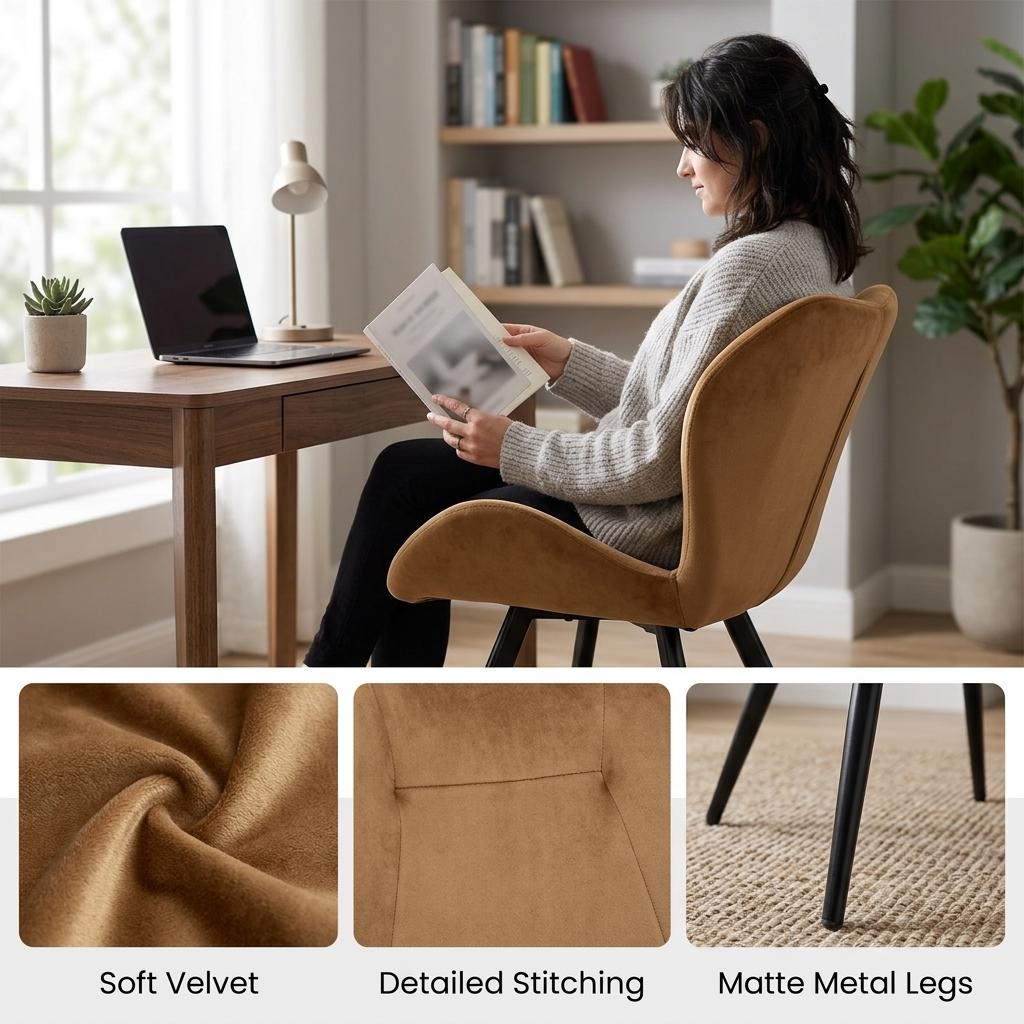 Modern Velvet Dining Chair, Steel Legs - SUNIL BROWN