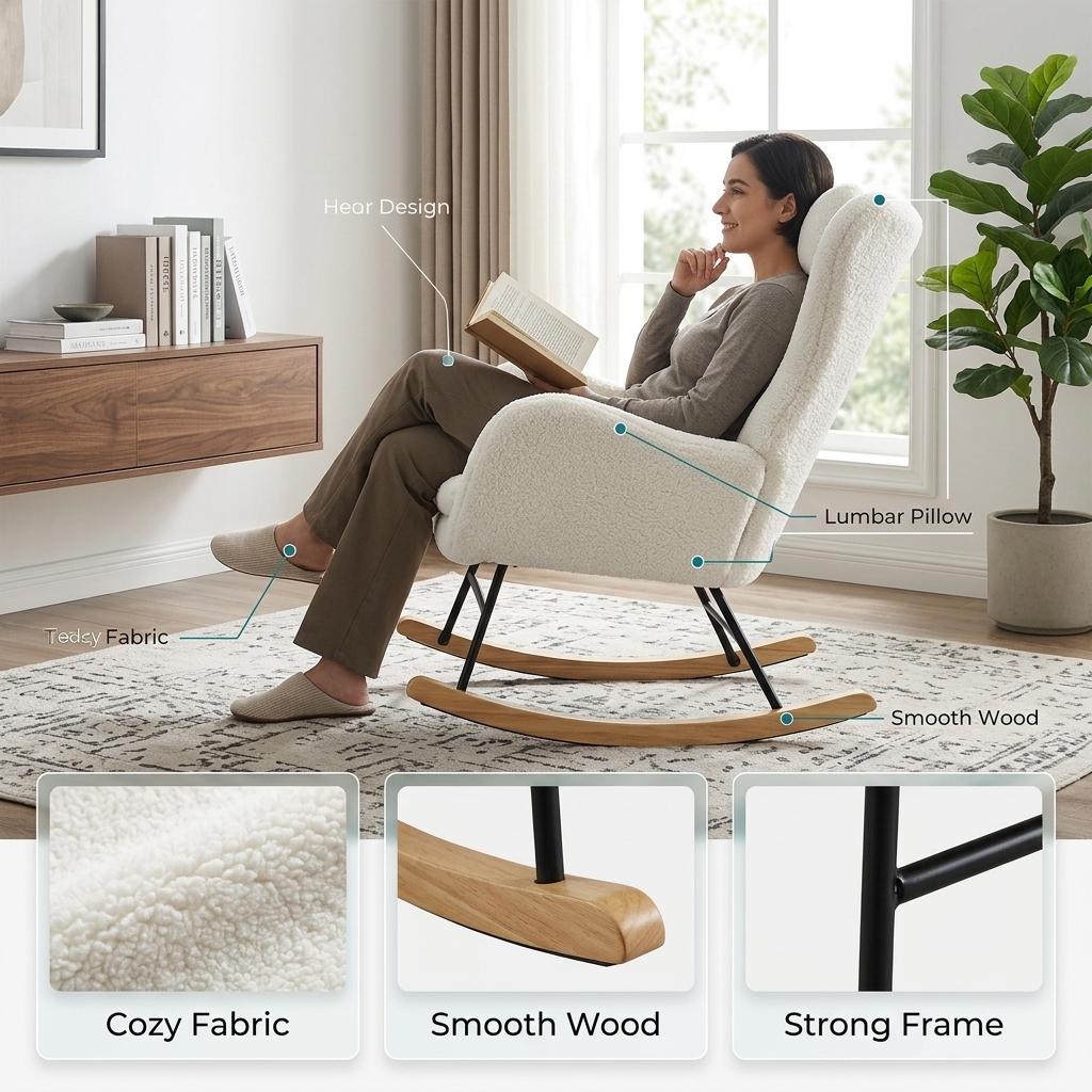 Modern Leisure Rocker, White Teddy Upholstery - TANTIE