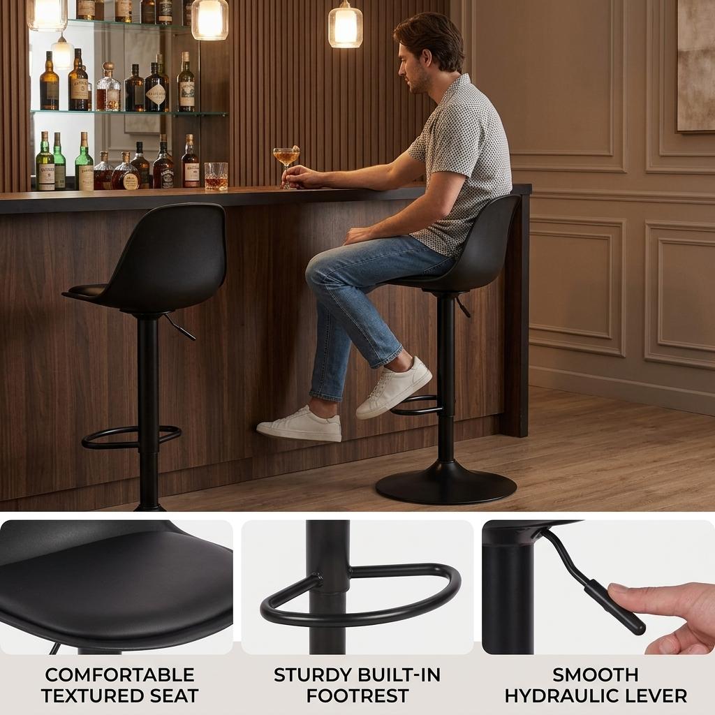 Modern Adjustable Bar Stool, PU Padded Seat – TEBAR BLACK